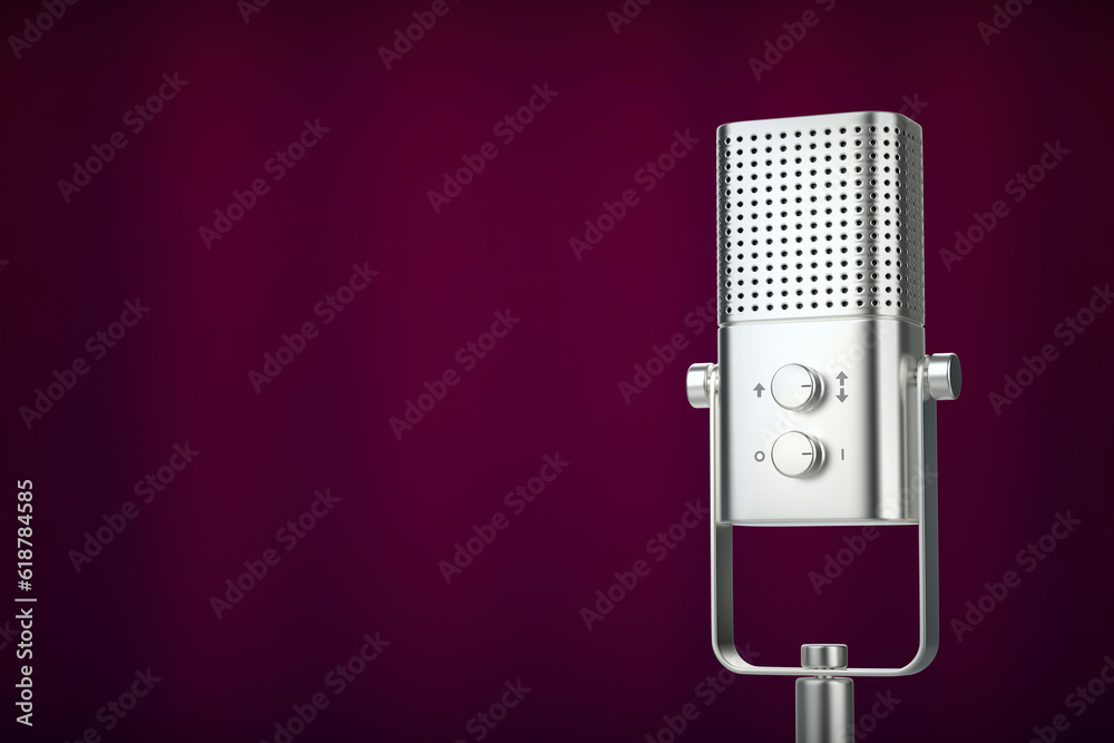 Audio microphone on purple curtain background