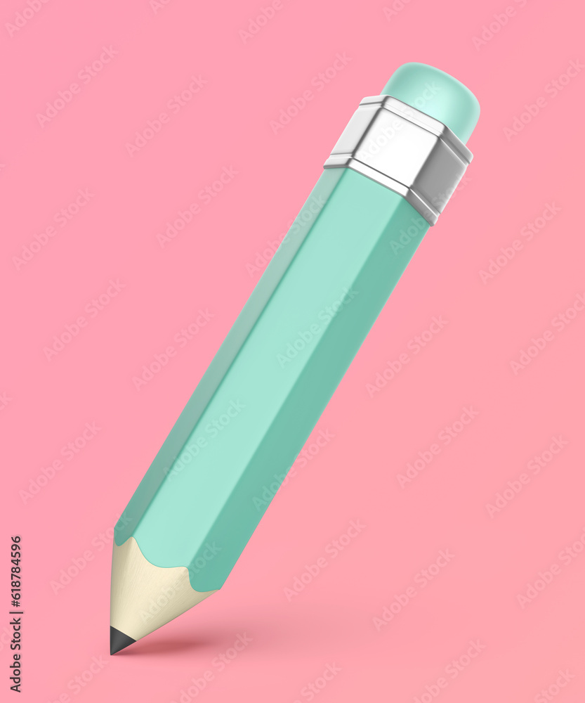 Cartoon style pencil with eraser on pink background