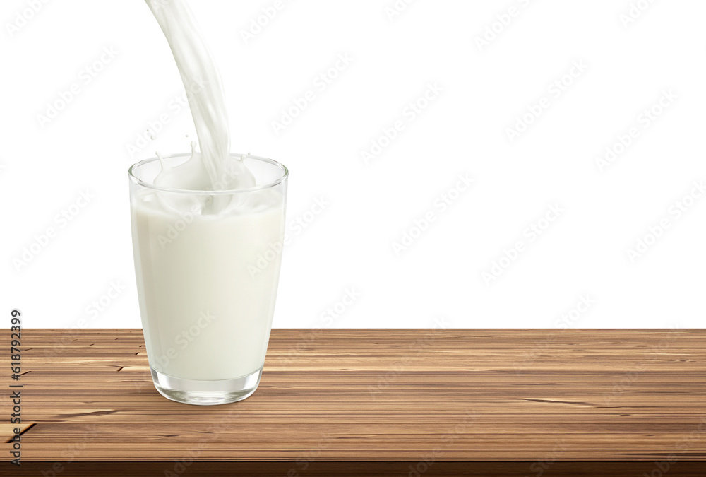 Pour milk into glass on wooden table isolated on white background