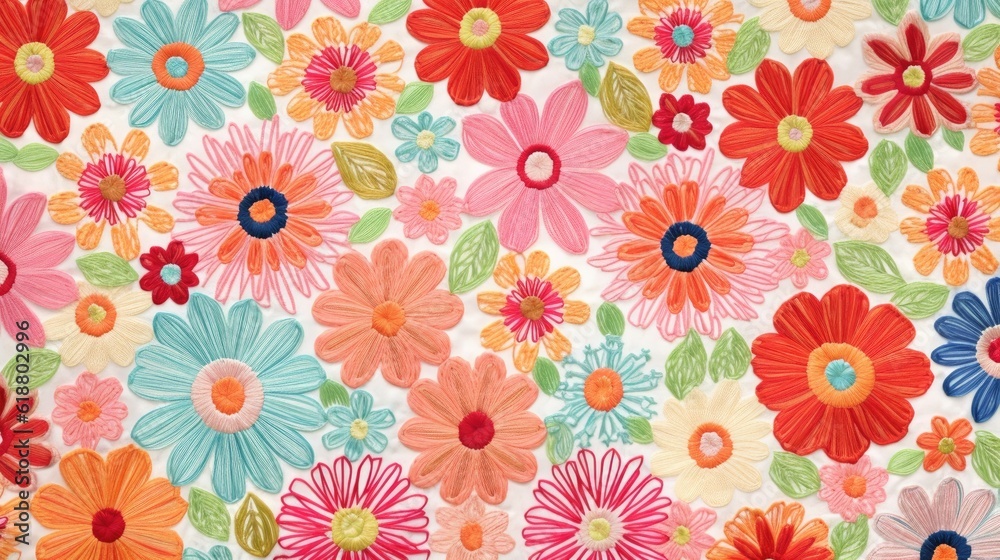 Floral background with embroidered volumetric flowers, light colors.