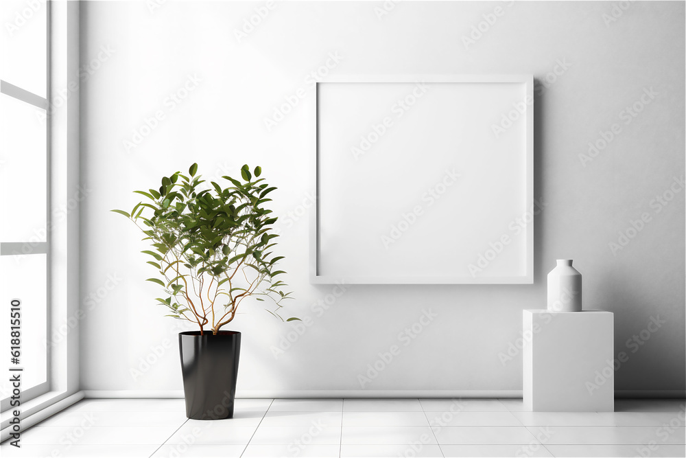 Empty frame mockup in minimalist interior with window and plant on grey sunlit wall background. Temp