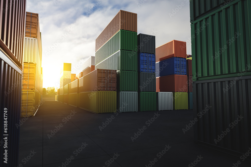 Cargo industrial containers at sunset