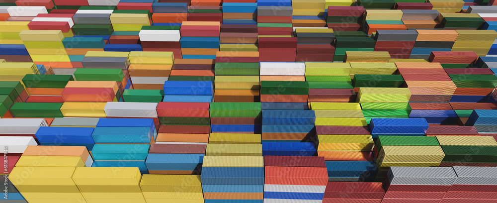 Cargo industrial containers stacked in rows of different colors for logistics import-export business