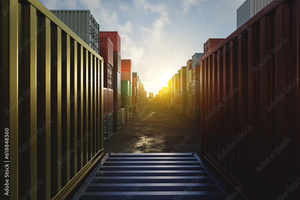 Cargo containers of different colors for logistics import-export business