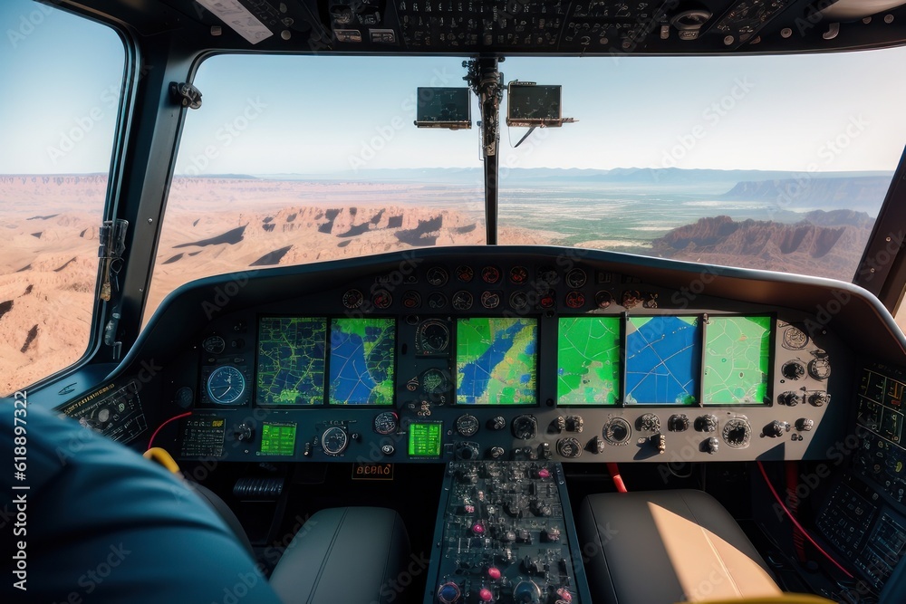 Pilot with headset starting the controls in the private helicopter. Helicopter pilot sitting in the 