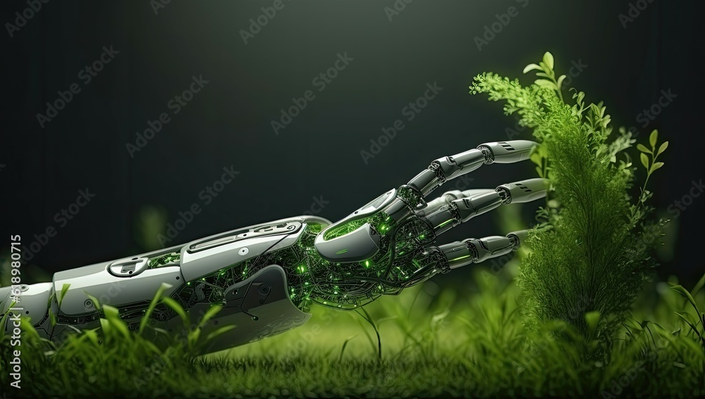 Green technology conceptual design, human arm covered with grass and lush and robotic hand, 3d rende