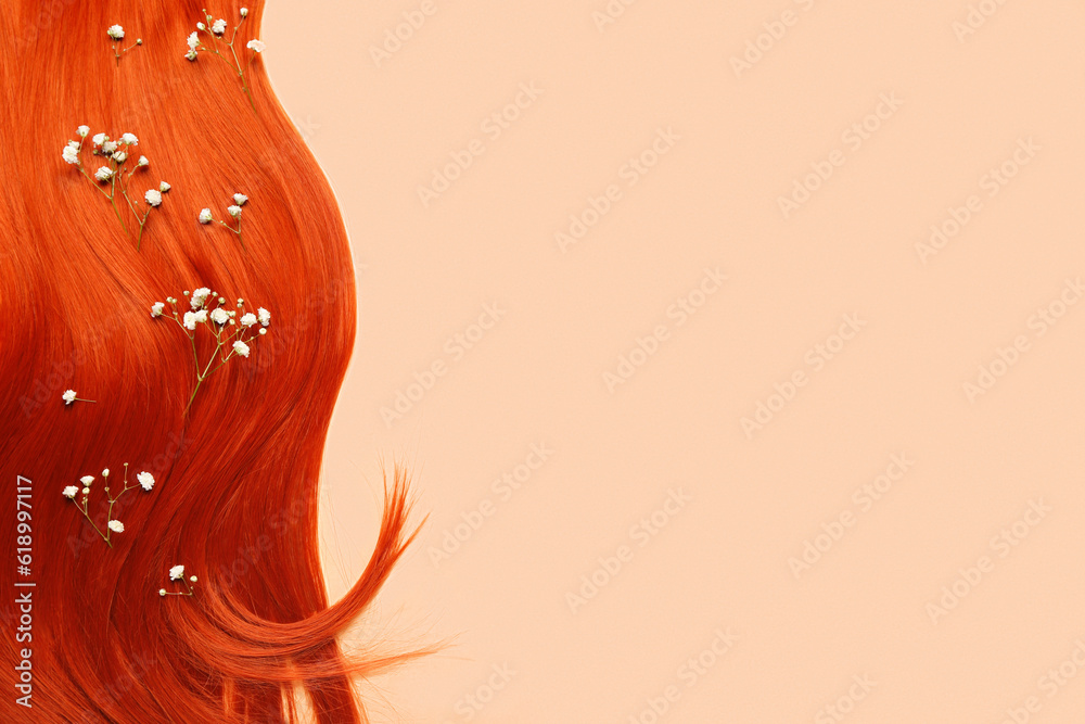 Ginger hair strand with beautiful gypsophila flowers on color background