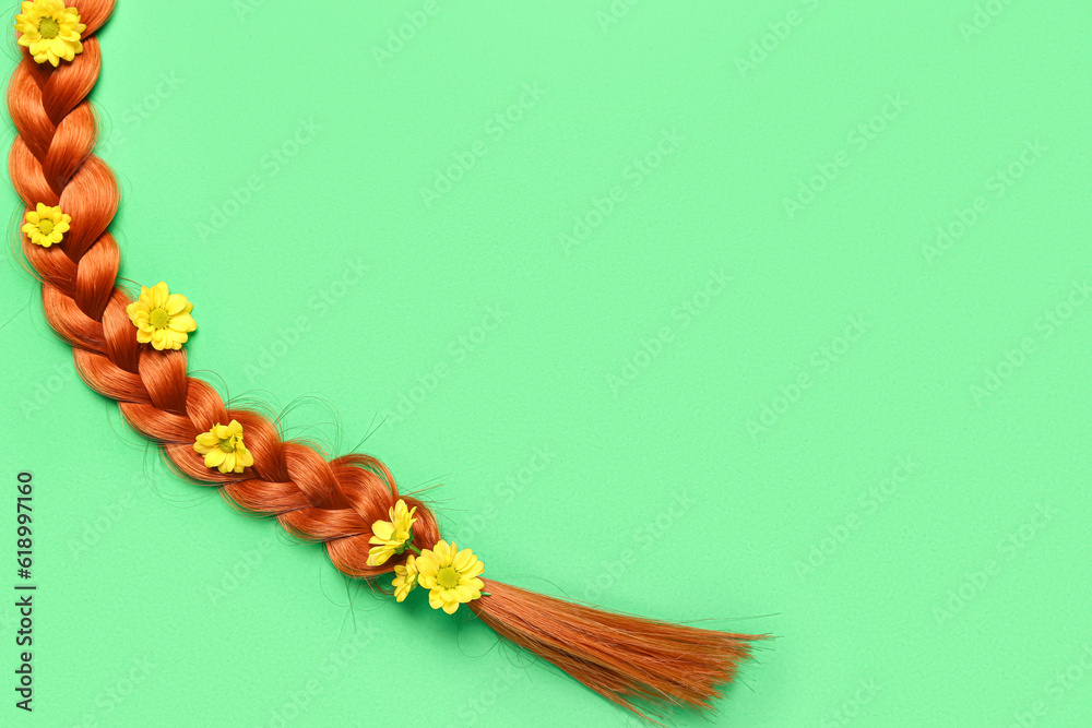 Braided ginger hair with flowers on color background