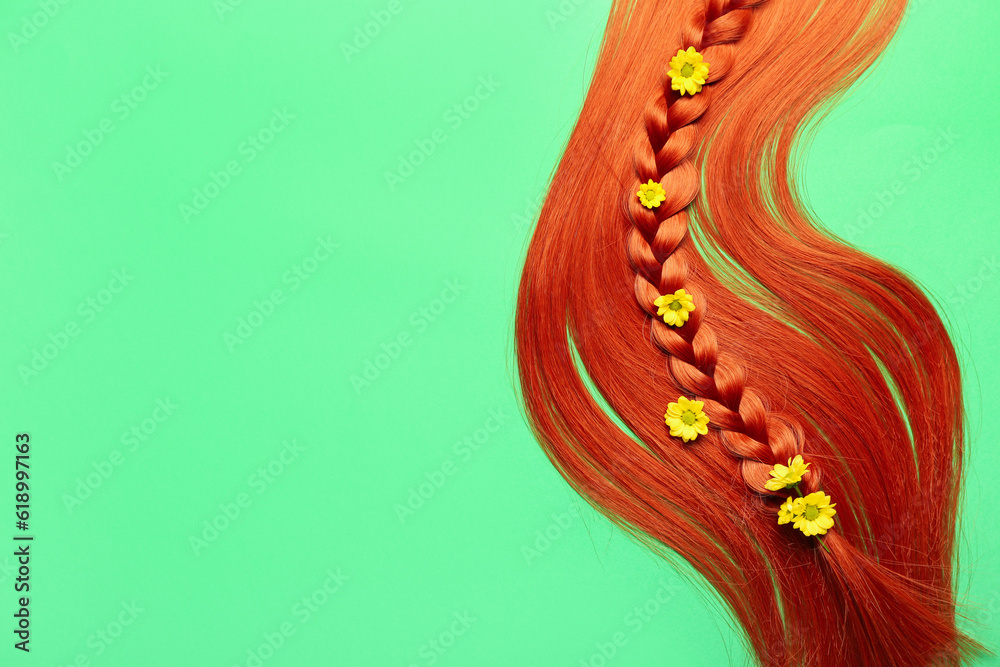 Ginger hair with braided strand and flowers on color background