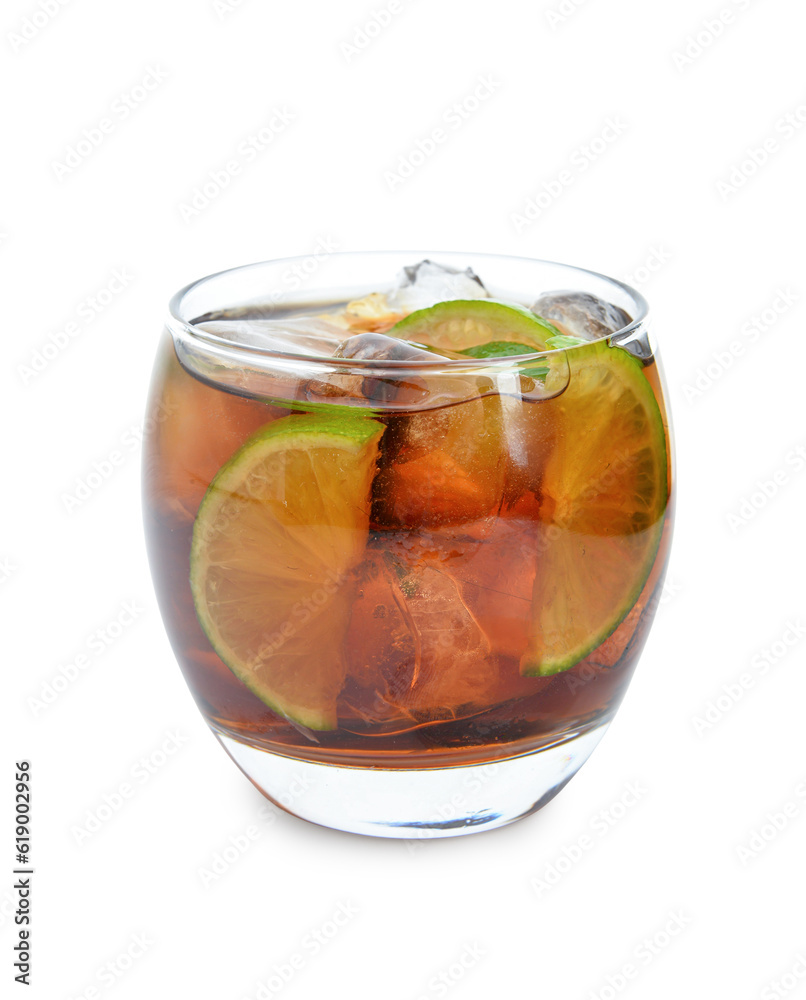 Glass of cold Cuba Libre cocktail isolated on white background