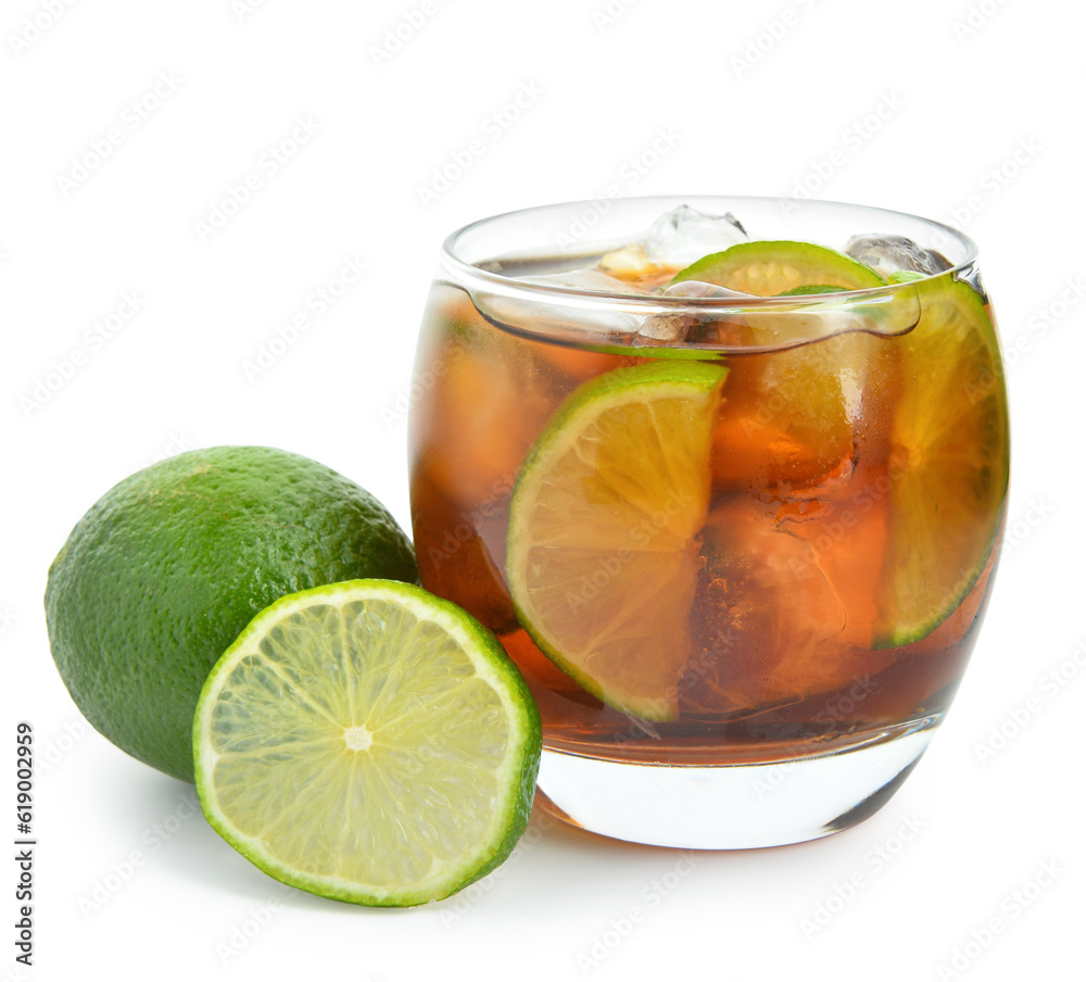 Glass of cold Cuba Libre cocktail isolated on white background