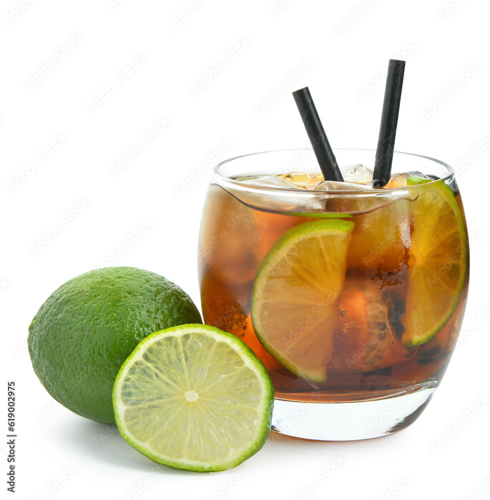 Glass of cold Cuba Libre cocktail isolated on white background