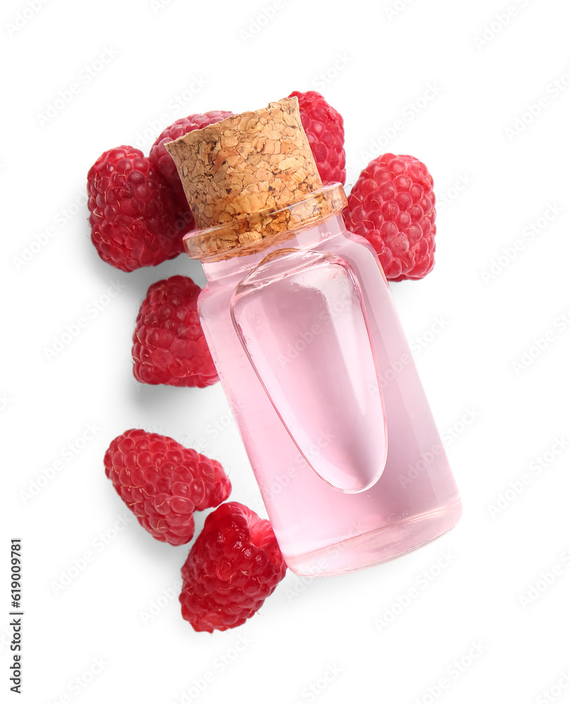 Bottle of cosmetic raspberry oil on white background