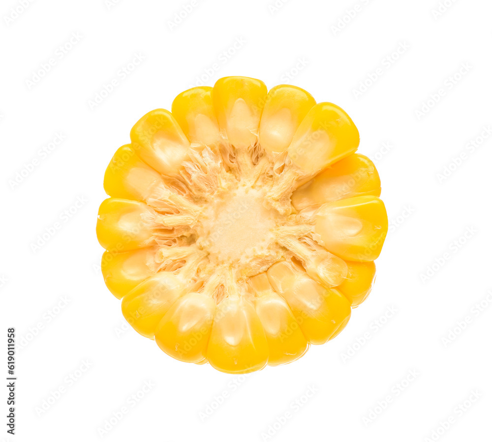 Cut fresh corn cob on white background