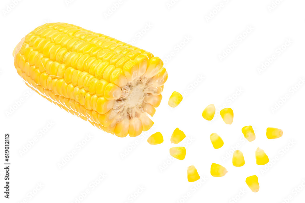 Cut fresh corn cob and seeds on white background