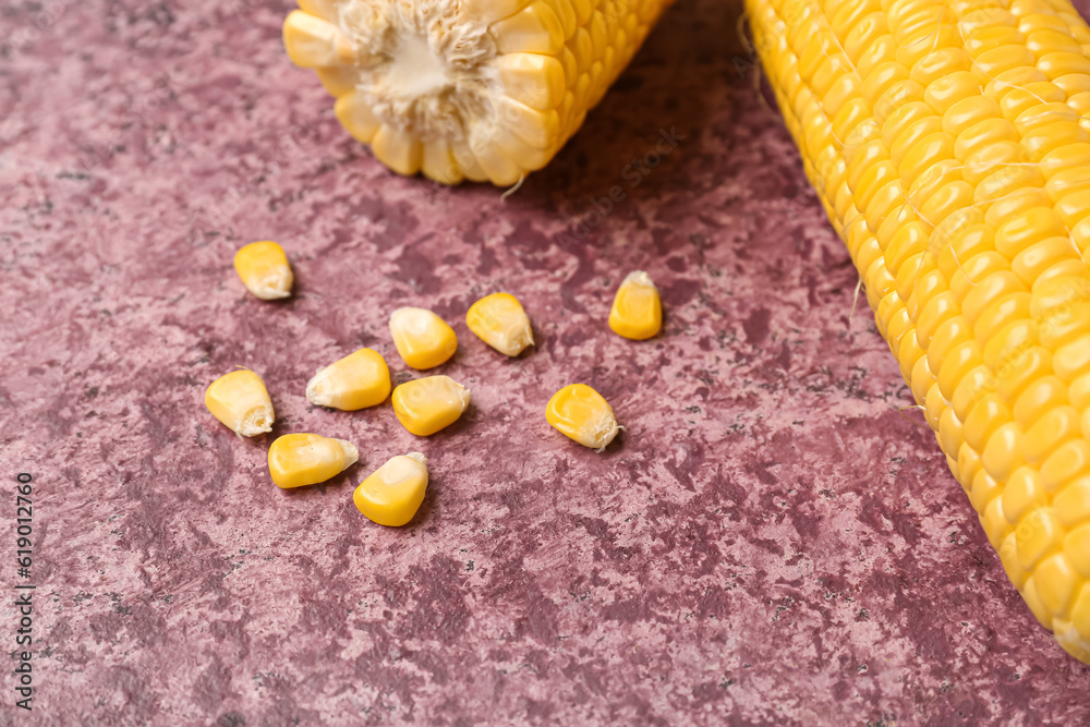 Fresh corn cob and seeds on purple background