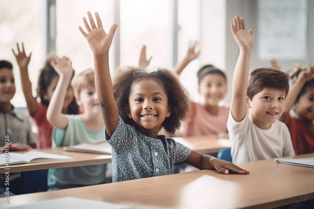 Happy little student raising her hand. School children in classroom at lesson. Generative ai