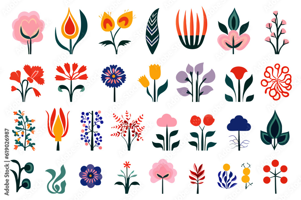 Various flower designs abstracted shapes trendy colorful drawing, vector illustration