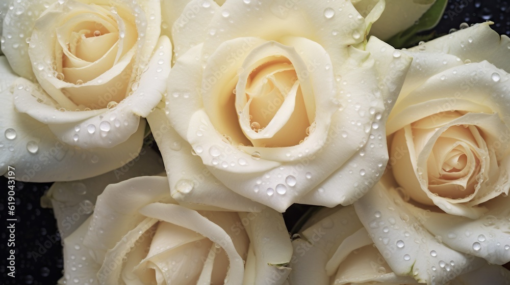 White Roses flowers with water drops background. Closeup of blossom with glistening droplets. Genera