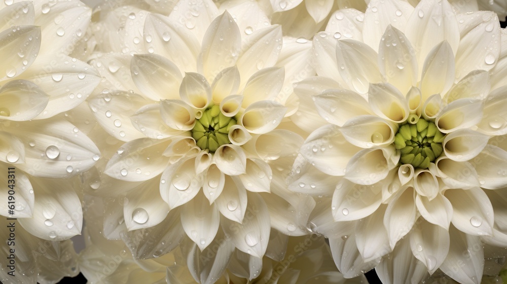 White Dahlia flowers with water drops background. Closeup of delicate blossom with glistening drople