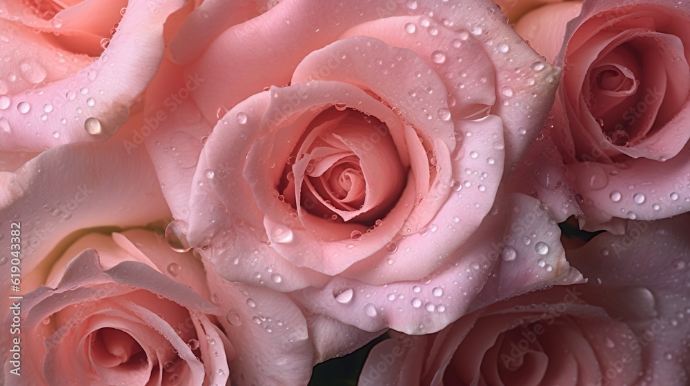 Pink Roses flowers with water drops background. Closeup of blossom with glistening droplets. Generat