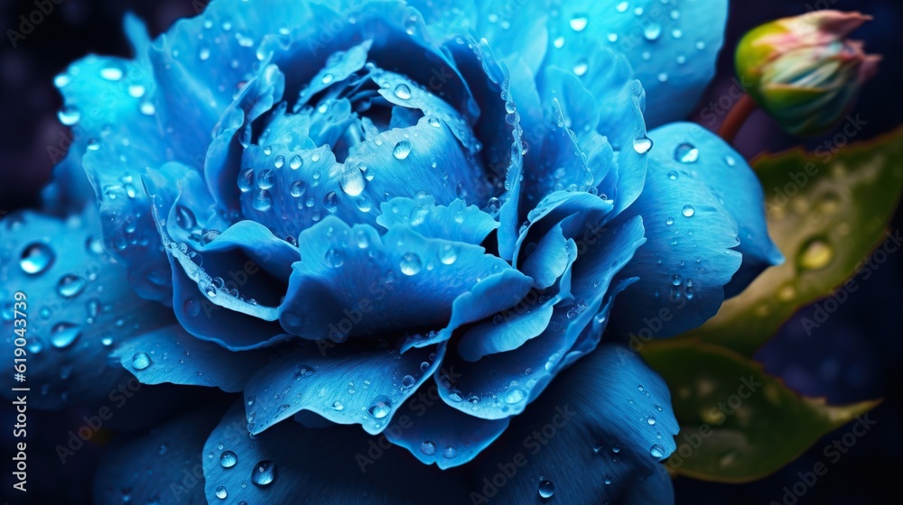 Blue Peony flowers with water drops background. Closeup of blossom with glistening droplets. Generat