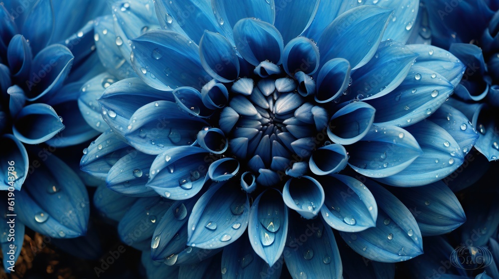 Blue Dahlia flowers with water drops background. Closeup of delicate blossom with glistening droplet