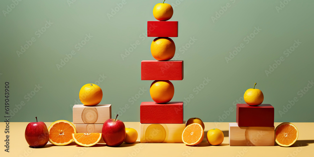 Equilibrium food balance diet concept. Balancing pyramid or tower of fruits. Generative AI