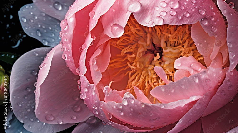 Pink Peony flowers with water drops background. Closeup of blossom with glistening droplets. Generat