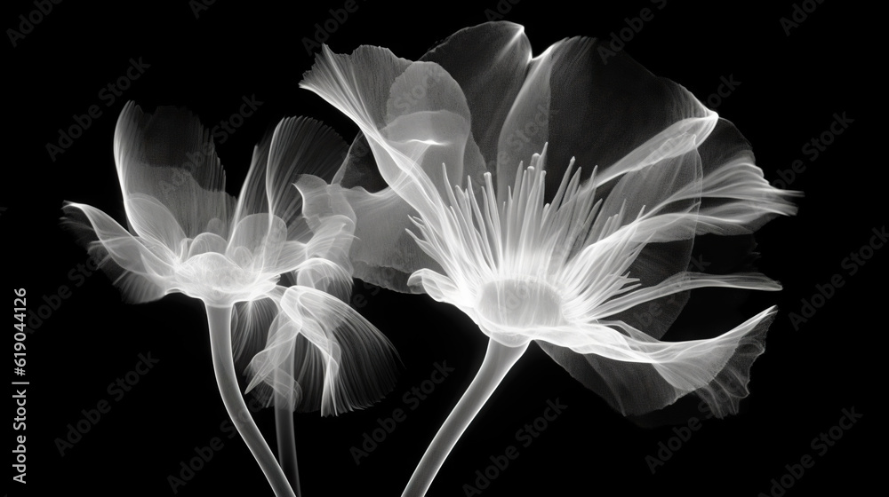 Monochrome x-ray image of a ethereal flower on black. Fantasy mystical blossom. Generative AI