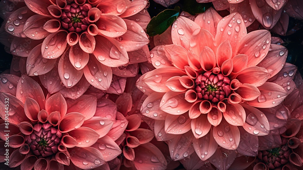 Pink Dahlia flowers with water drops background. Closeup of delicate blossom with glistening droplet