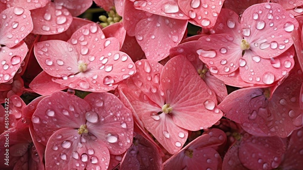 Pink Hydrangeas flowers with water drops background. Closeup of blossom with glistening droplets. Ge