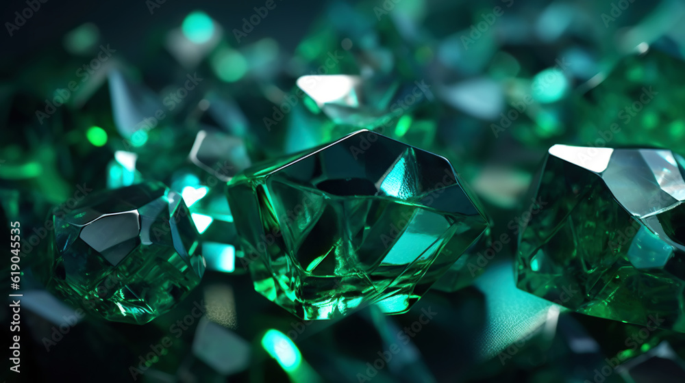 Amazing bright and shiny Emerald crystal cluster background. Jewel mineral detailed macro. Generativ