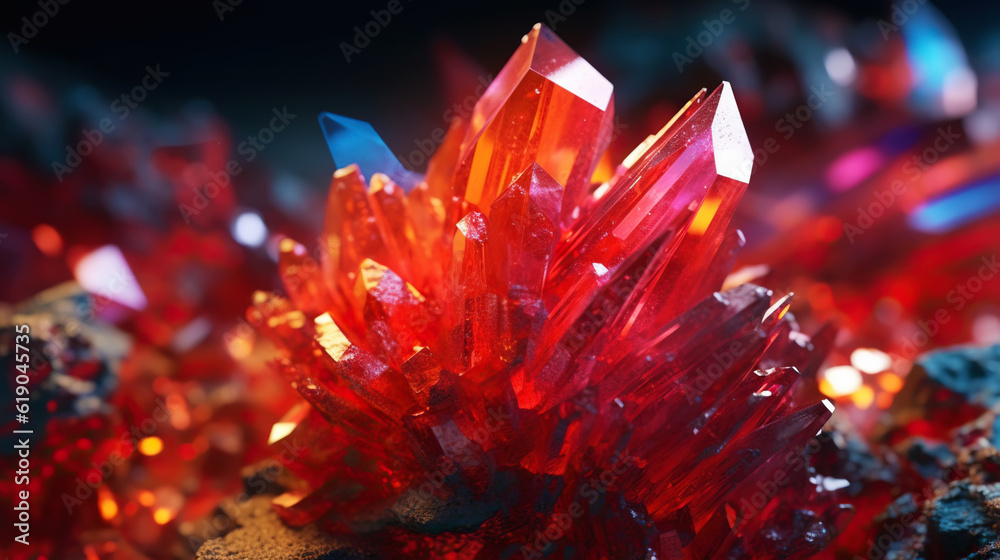 Amazing bright and shiny Crocoite crystal cluster background. Jewel mineral detailed macro. Generati