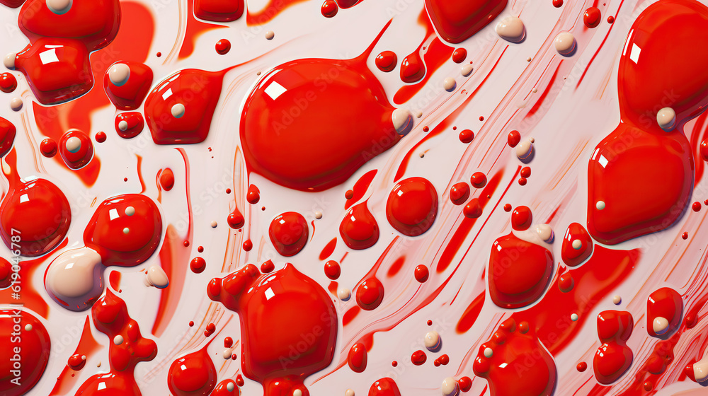 Abstract white paint drops mixed in red oil background. Non-mixing fluids pattern. Generative AI