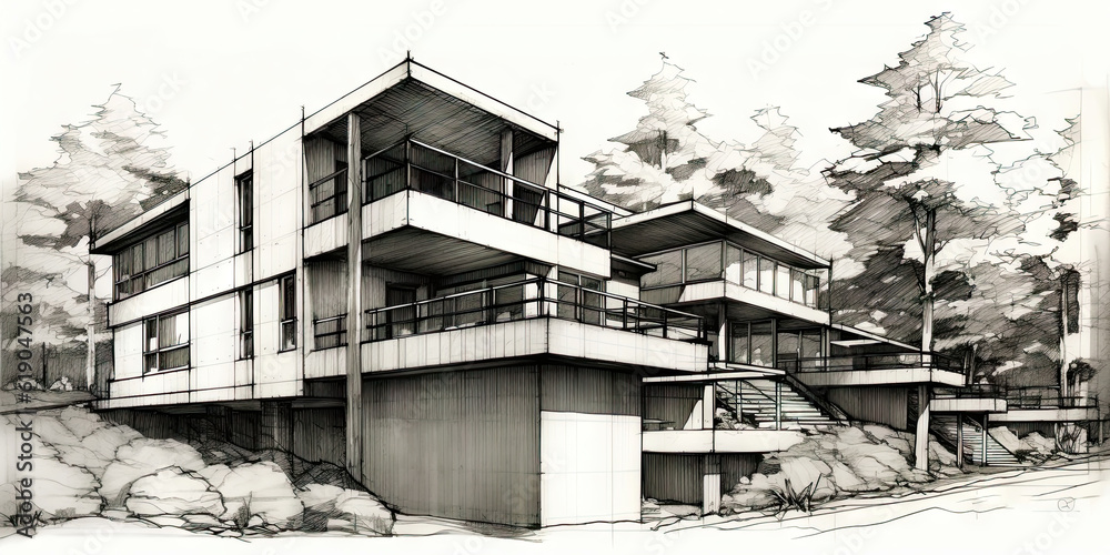 Detailed pencil sketch of modern suburban house. Abstract imaginary building concept. Generative AI