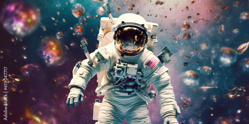 Portrait of astronaut floating in space with a asteroids, space rocks, burning sparks on backdrop. G