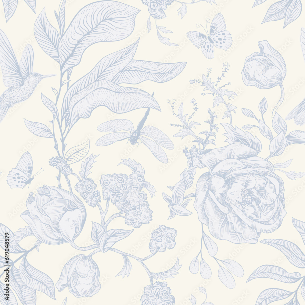 Seamless monochrome pattern with flowers. Wallpaper. Background with sketch climbing flowers. Retro 