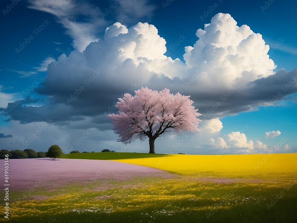 árbol solitario en un campo de flores