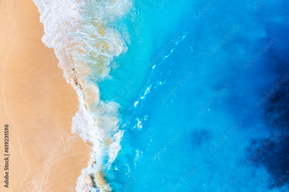 Coast as a background from top view.  Waves and beach. Aerial landscape. Azure water background from