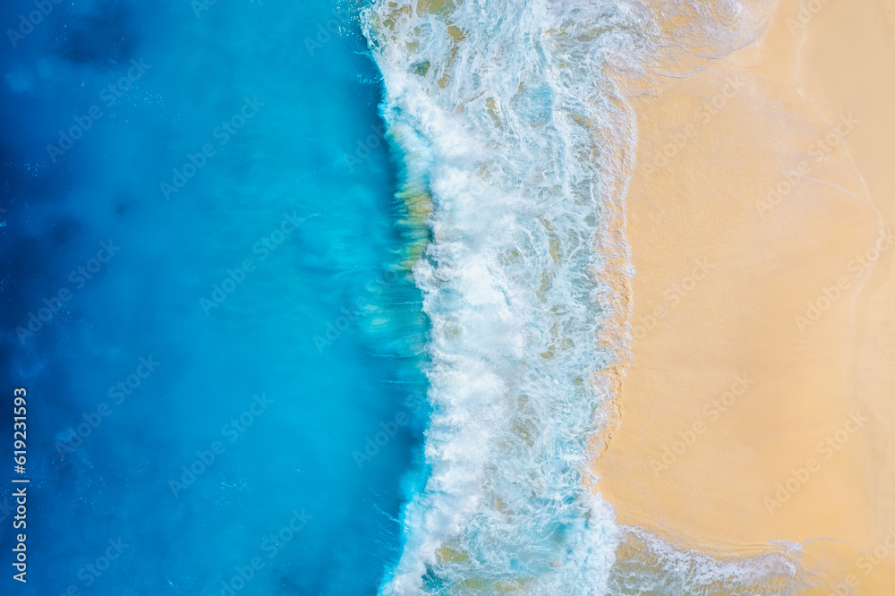 Coast as a background from top view.  Waves and beach. Aerial landscape. Azure water background from