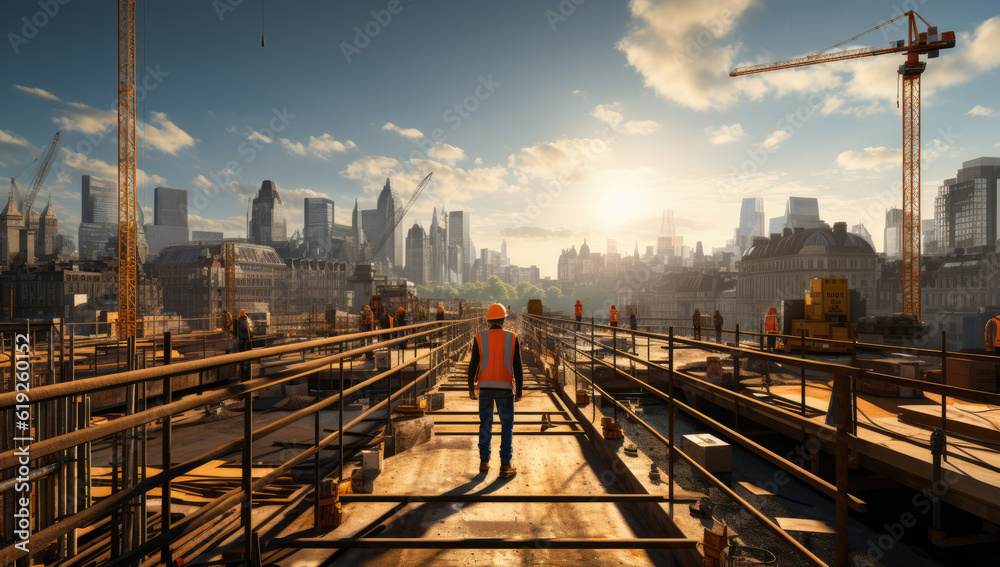 Urban Builders. A worker in a helmet standing in front of construction cranes, in the style of urban