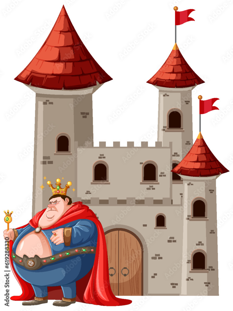 Fat King with Castle in Cartoon Style