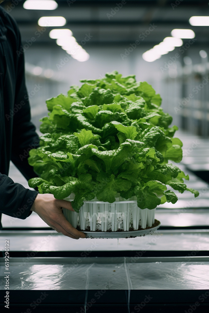 holding leaf lettuce in a pot in an indoor facility, in the style of fiberpunk, machine-like precisi