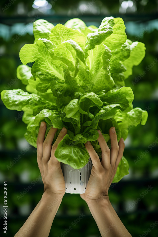 holding leaf lettuce in a pot in an indoor facility, in the style of fiberpunk, machine-like precisi