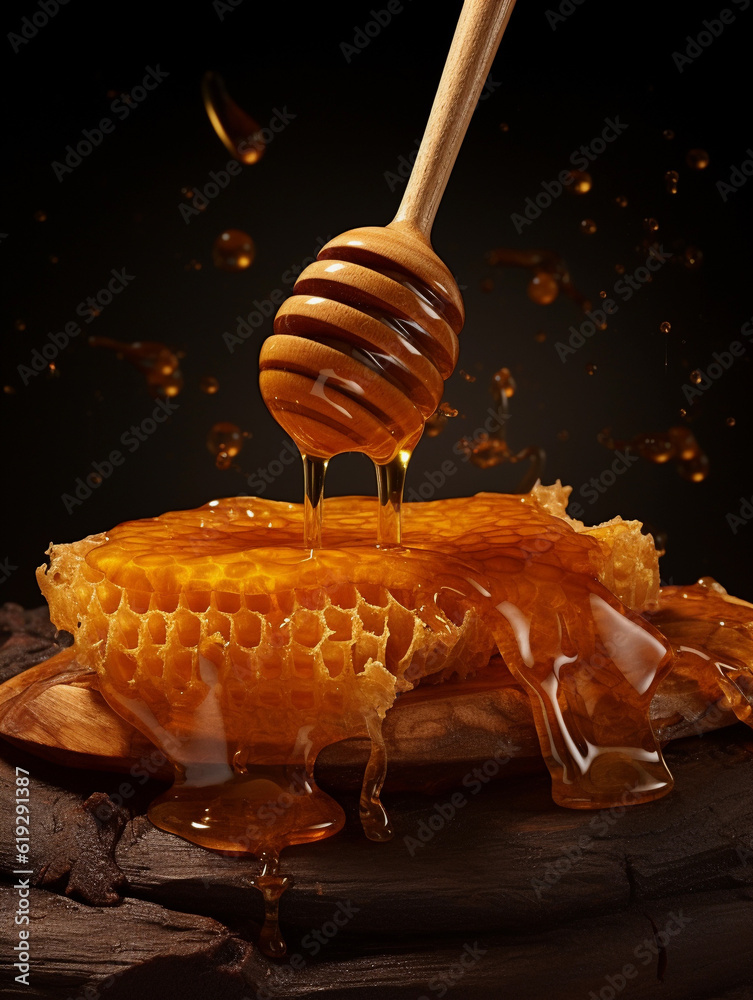 Honey falling from a wooden stick