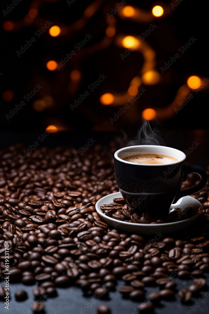 Coffee cup with coffee beans on dark coffee table.