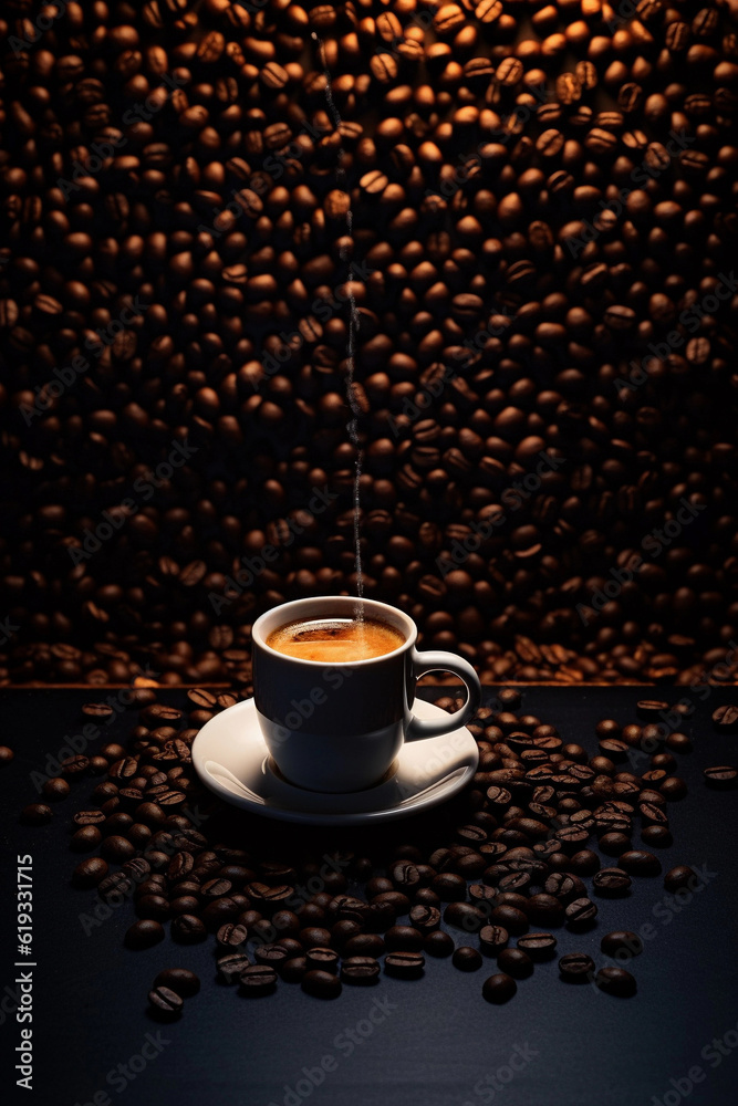 Coffee cup with coffee beans on dark coffee table.