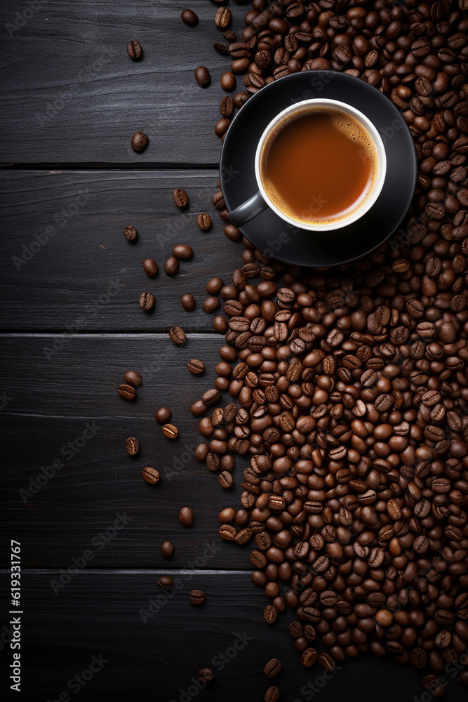 Coffee cup with coffee beans on dark coffee table.