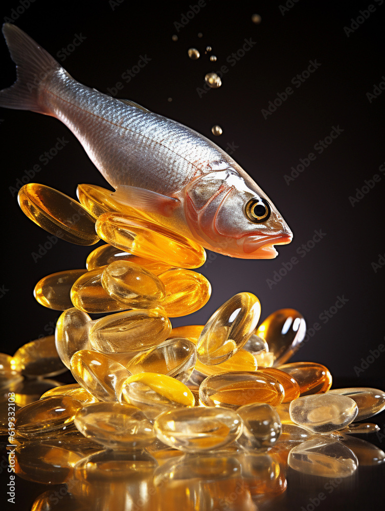 Fish oil pills and fresh fish on light background